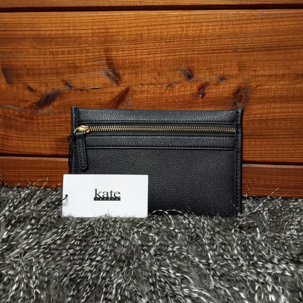 Kate Landry Flat Zipper Bag, Black Faux Leather